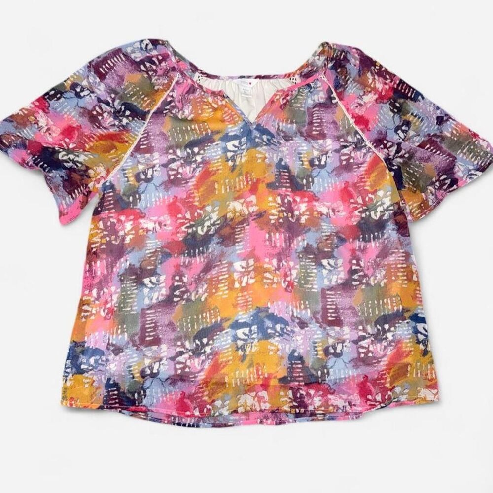 Vibrant Abstract Watercolor Print Babydoll Blouse from Intro, LARGE PETITE